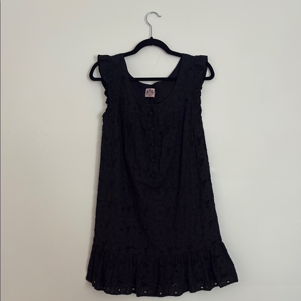 Juicy Couture-  Black Eyelet Sleeveless Dress – Ruffle Hem& Button Detail Size S